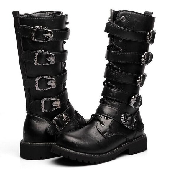 NWOB Tebapi Black Leather Motorcycle Skull Boots Waterproof Biker Size 41 US 8 - Picture 1 of 8